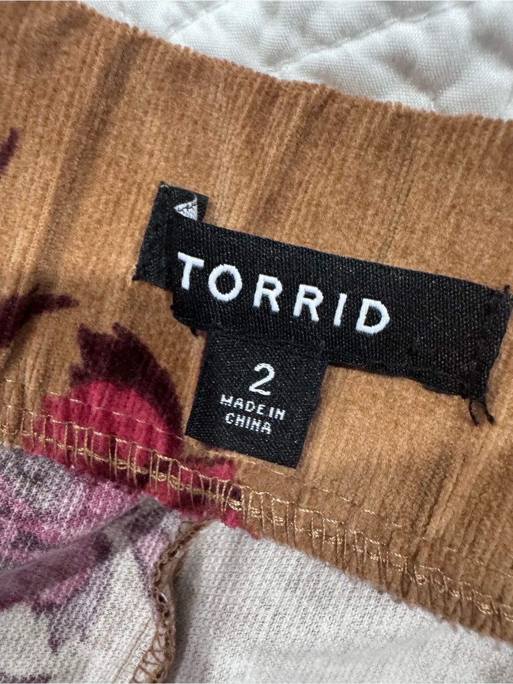 Torrid Size 2 Brown Corduroy A-Line Skirt with Burgundy Floral Print - Picture 2 of 3